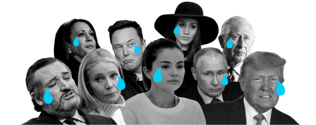 Collage of various public figures with blue teardrops over a black and white background